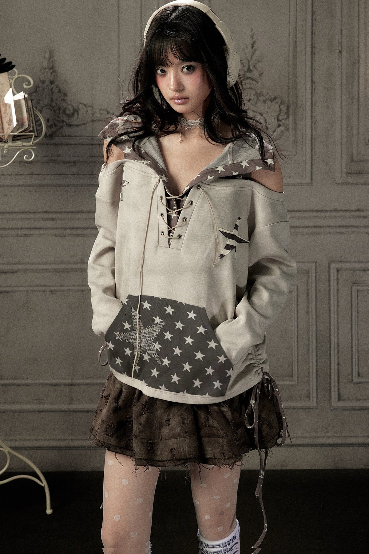 Bunny Ears Star Off-Shoulder Hoodie