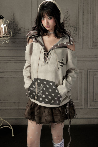 Bunny Ears Star Off-Shoulder Hoodie