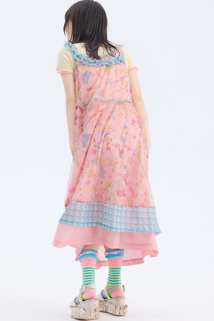 Robe en résille à bretelle asymétrique avec imprimé lapin rose
