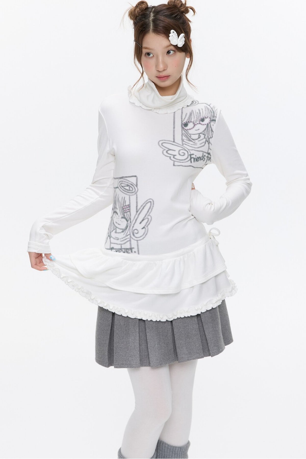 White Half-Turtleneck Printed Top