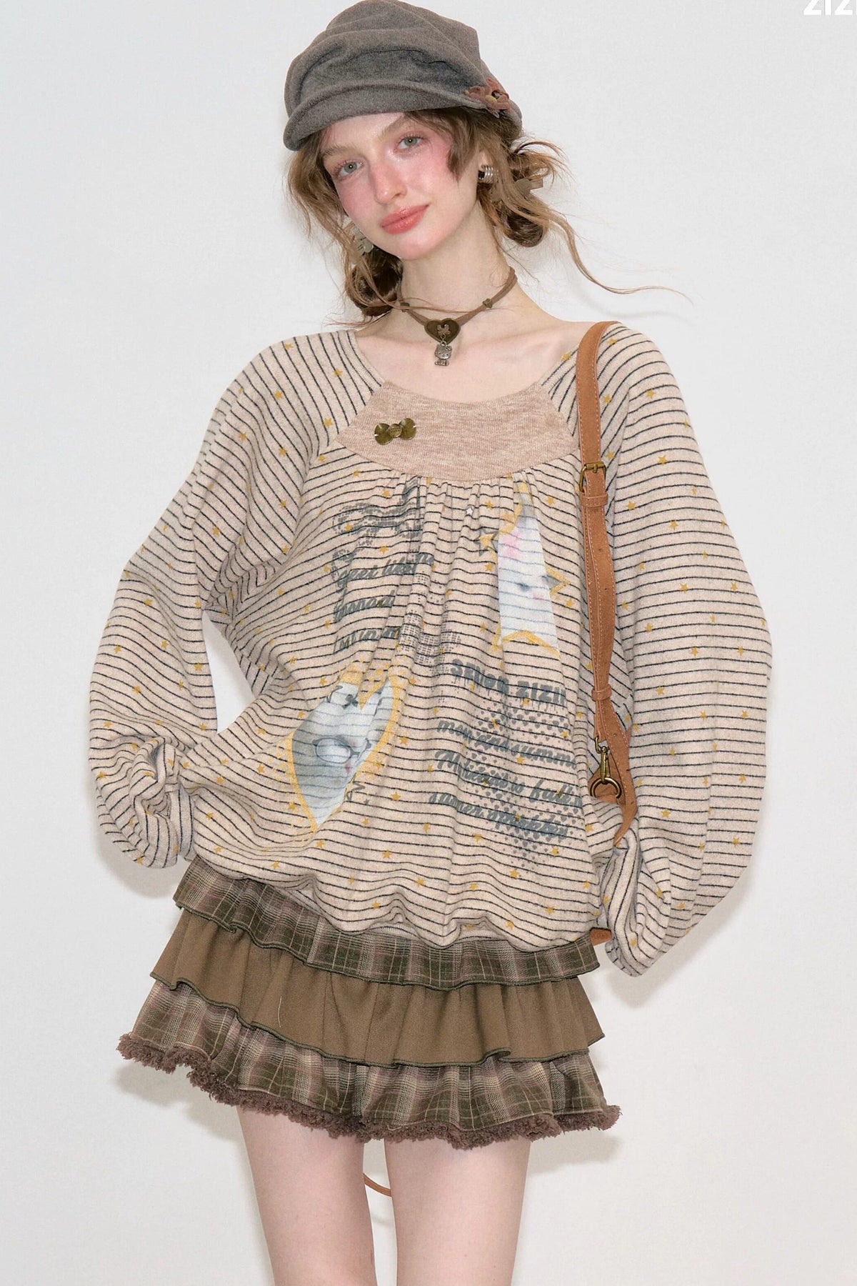 Striped Cat Print Sweatshirt