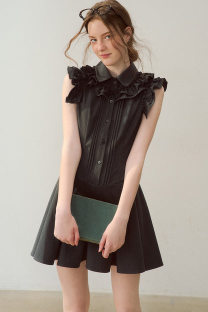 Robe rétro gris foncé à col à volants