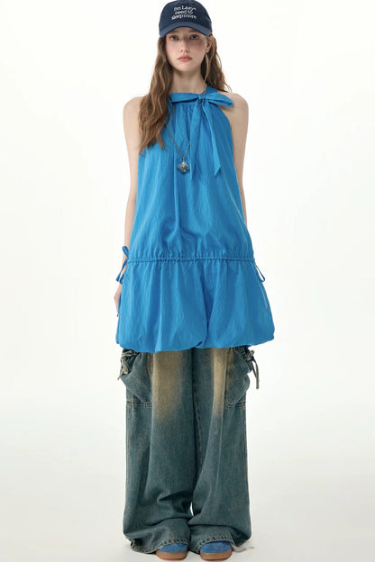 Blue Halter Bow Sleeveless Dress