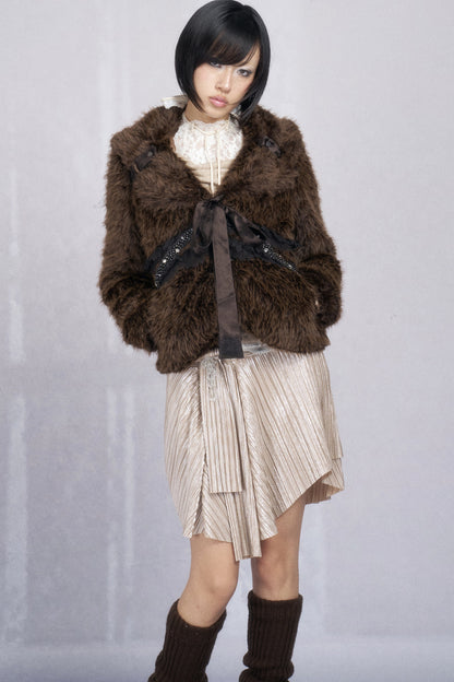 Pleated Metallic Asymmetrical Rhinestone Belted Skirt