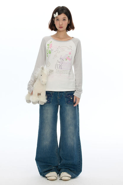 Deer Rose Print Long Sleeve Raglan Tee