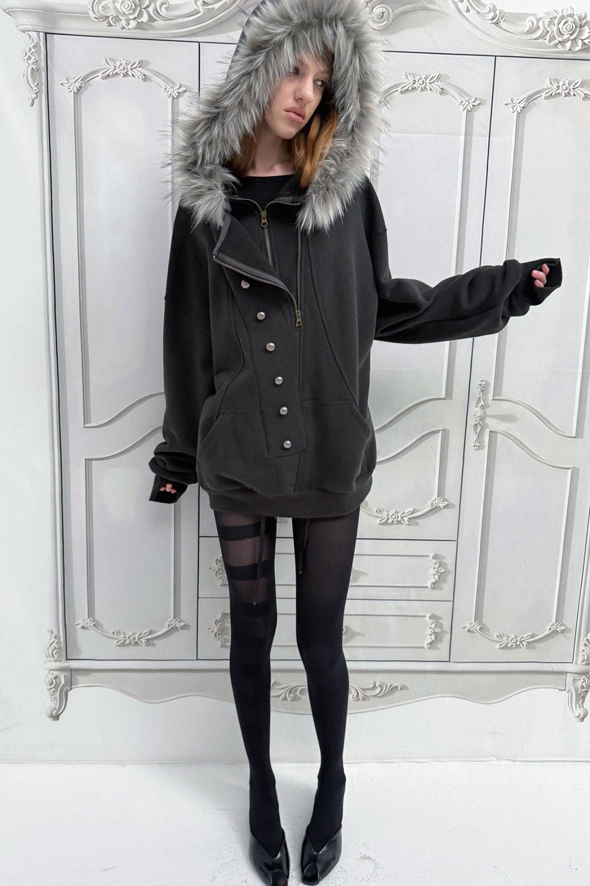 Oversize Hooded Fur Collar Jacket