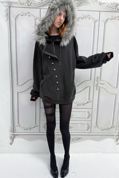 Oversize Hooded Fur Collar Jacket