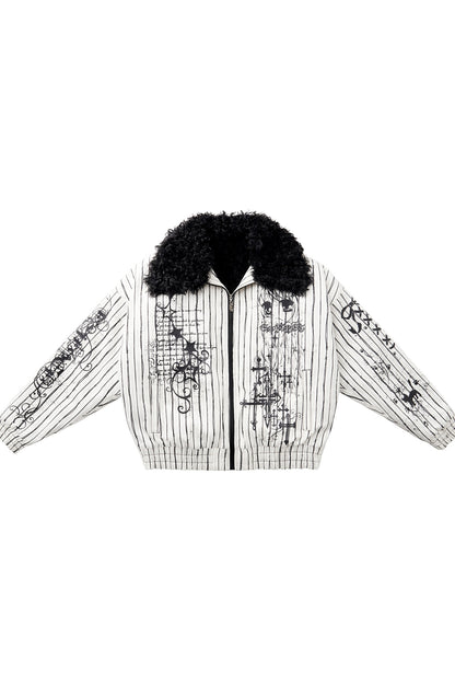 Detachable Fur Collar Thorn Stripe Jacket