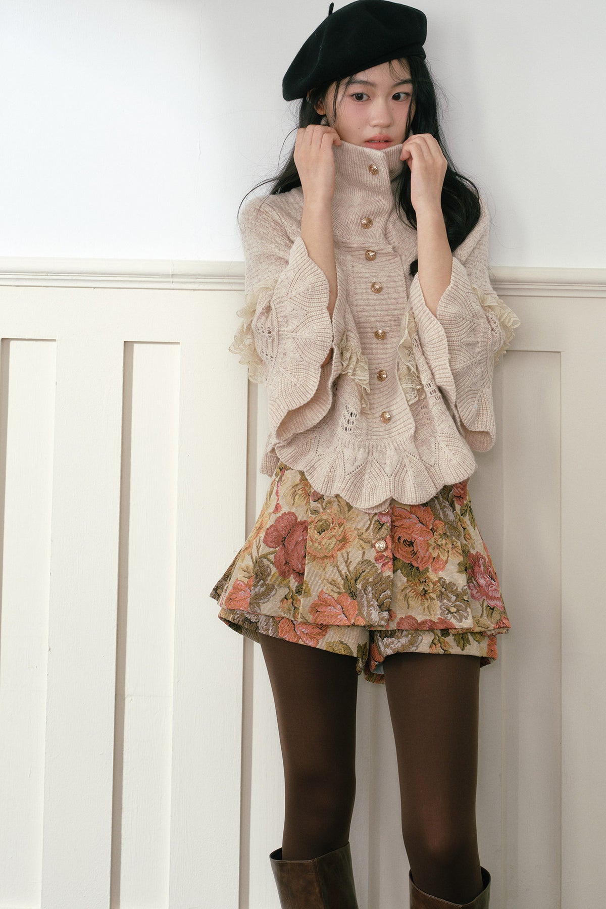 Oatmeal Ruffled Knit Cape Sweater