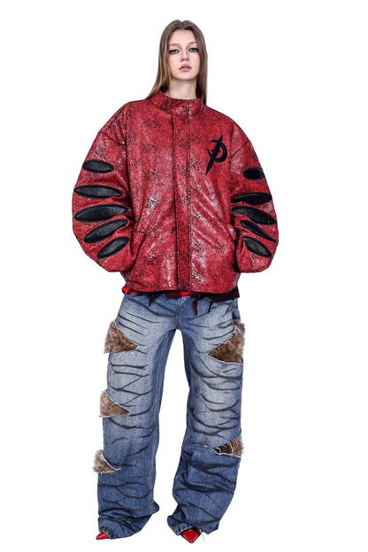 Red Cracked Leather Oversized Jacket