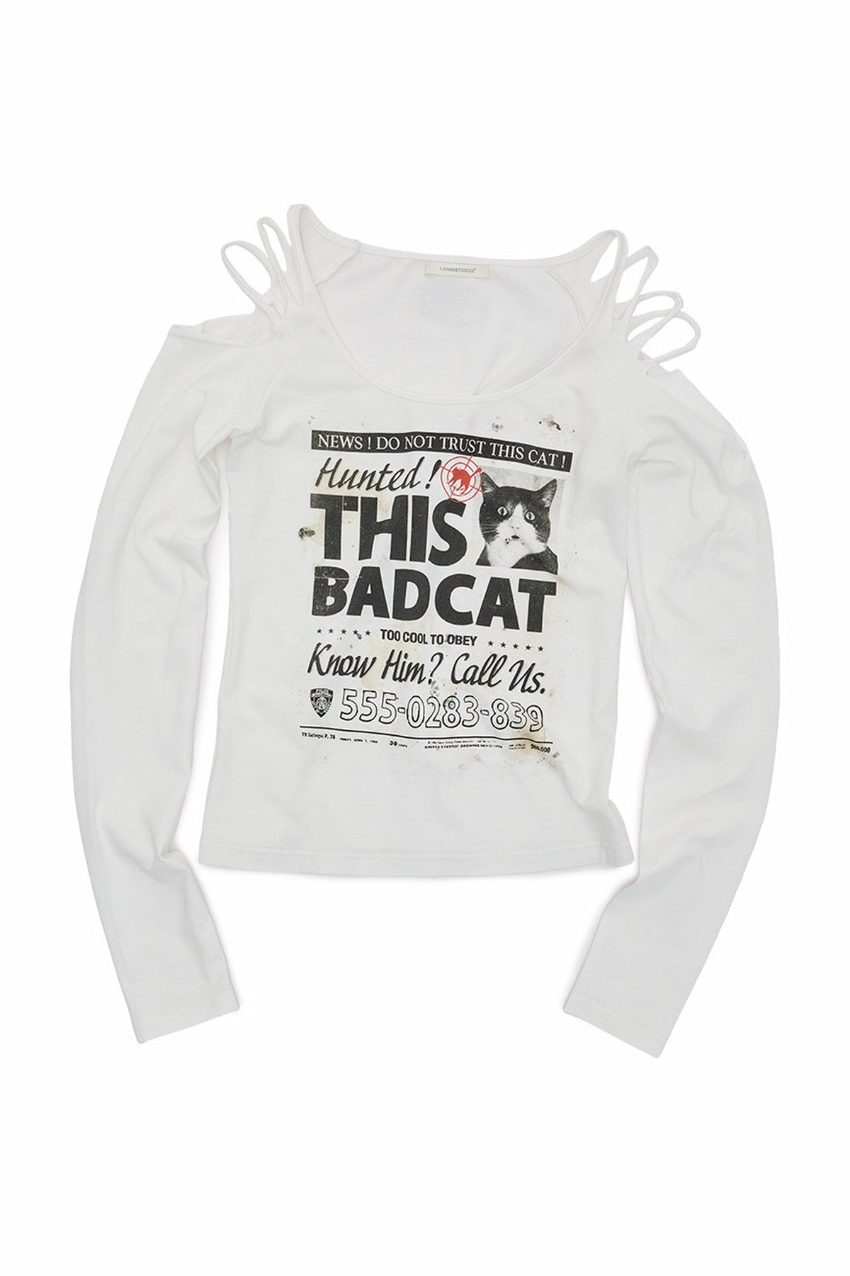 Cat Wanted Gold Foil Cut-Out Off-Shoulder T-shirt