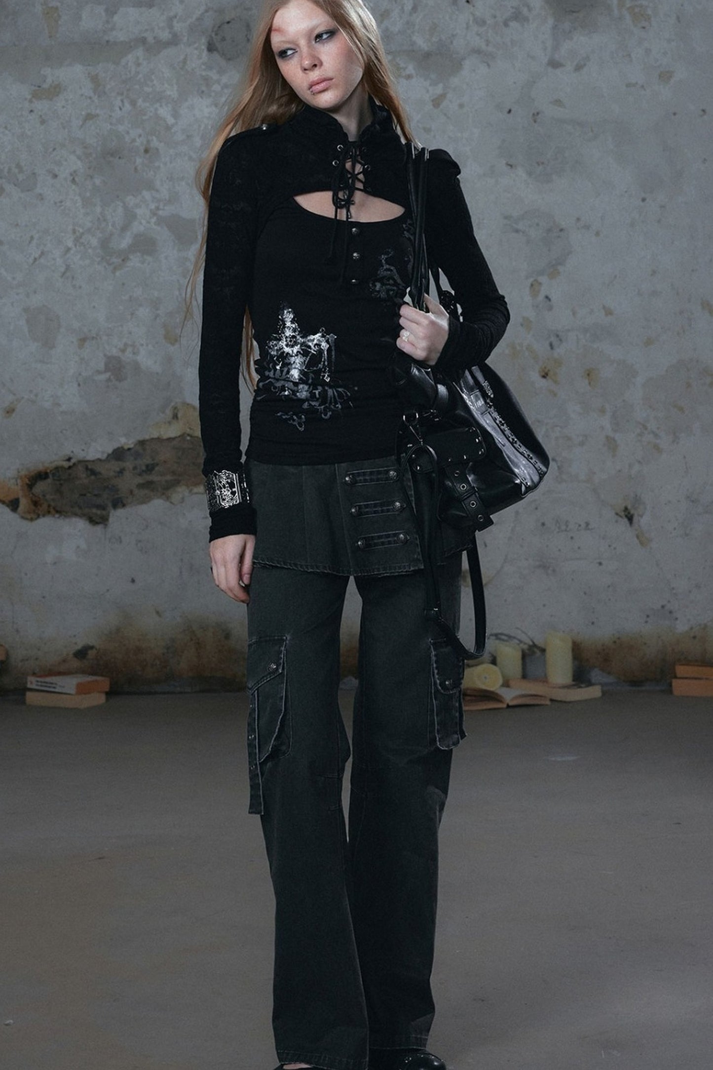 Pleated Skirt Panel Straight-Leg Flared Workwear Pants