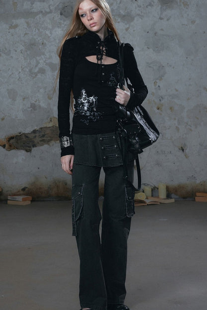 Pleated Skirt Panel Straight-Leg Flared Workwear Pants
