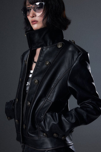 Veste en cuir punk vieilli à double boutonnage