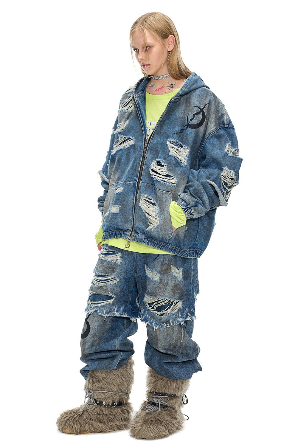 Electric Moon Distressed Double Layer Stacked Jeans