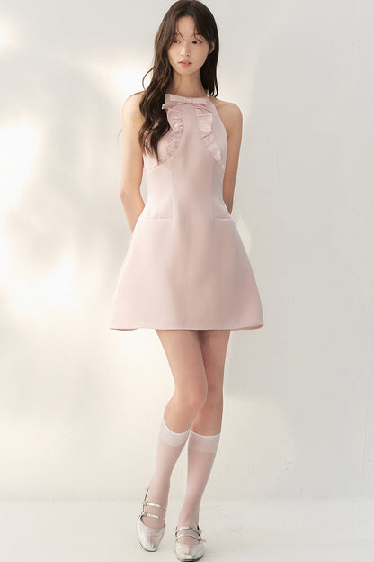 Pink Satin Ruffle Bow Halter Dress