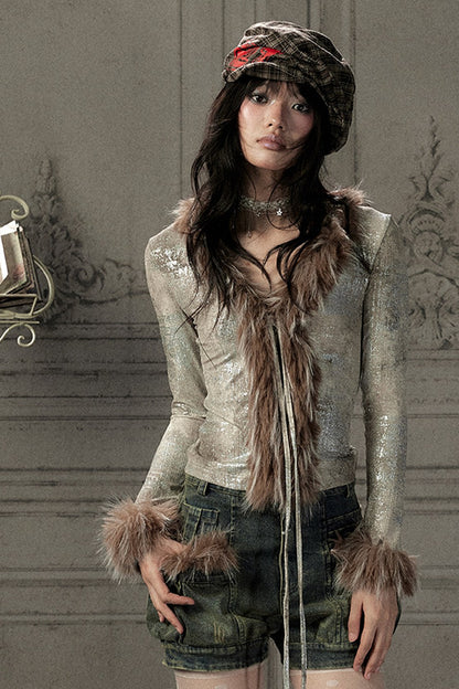 Fur Collar V-Neck Long-Sleeve T-Shirt
