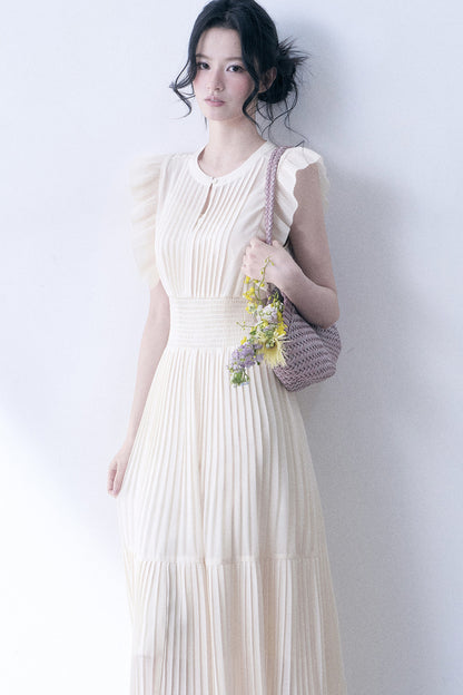 Beige Pleated Ruched Waist Dress