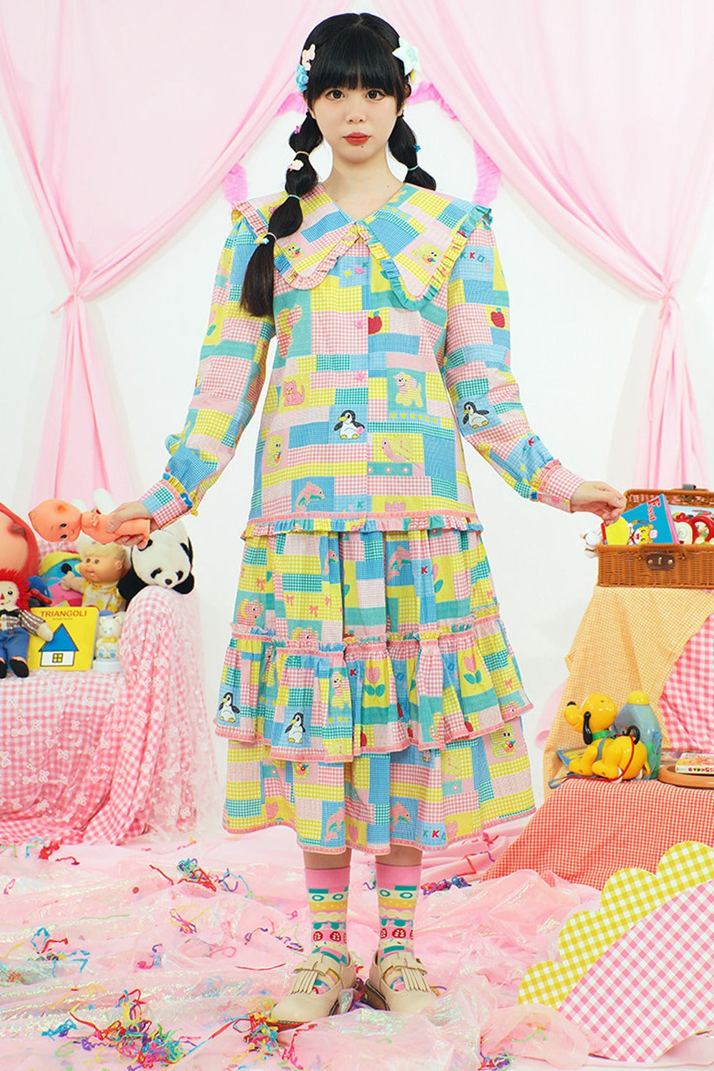 Patchwork Print Doll Collar Shirt