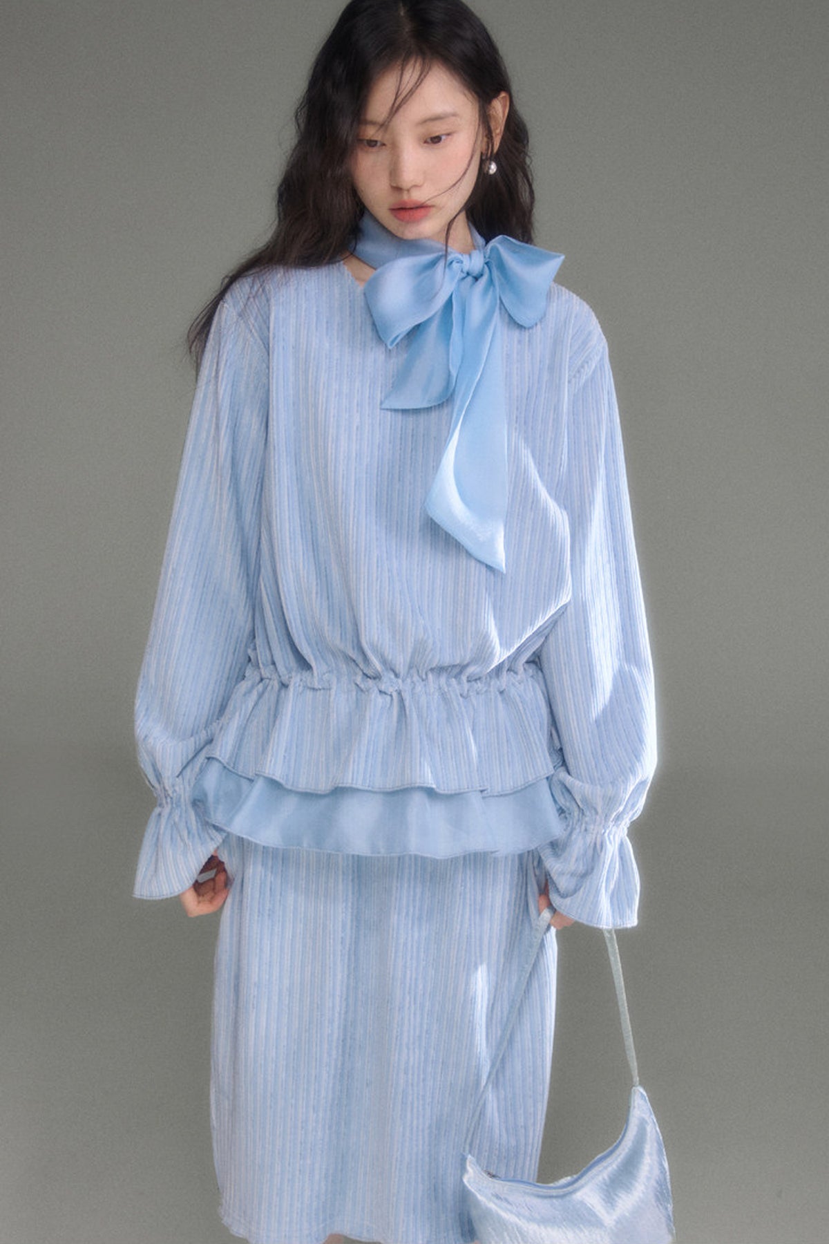 Moonlight Waterfall Long-Sleeve Ribbon Top and Skirt Set-Up