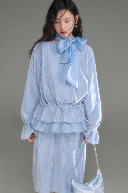 Moonlight Waterfall Long-Sleeve Ribbon Top and Skirt Set-Up