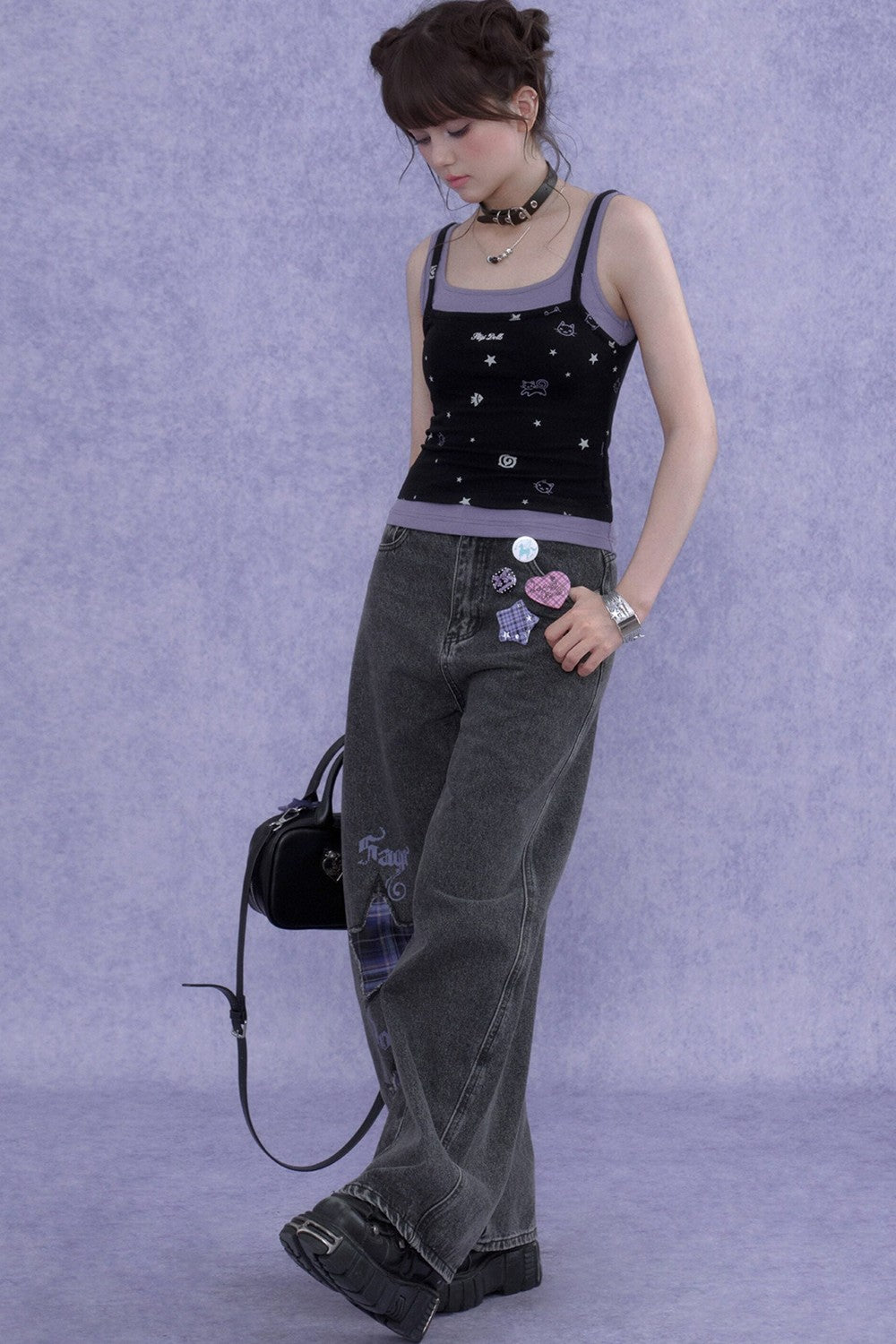 Black Purple Cutout Camisole Set-Up