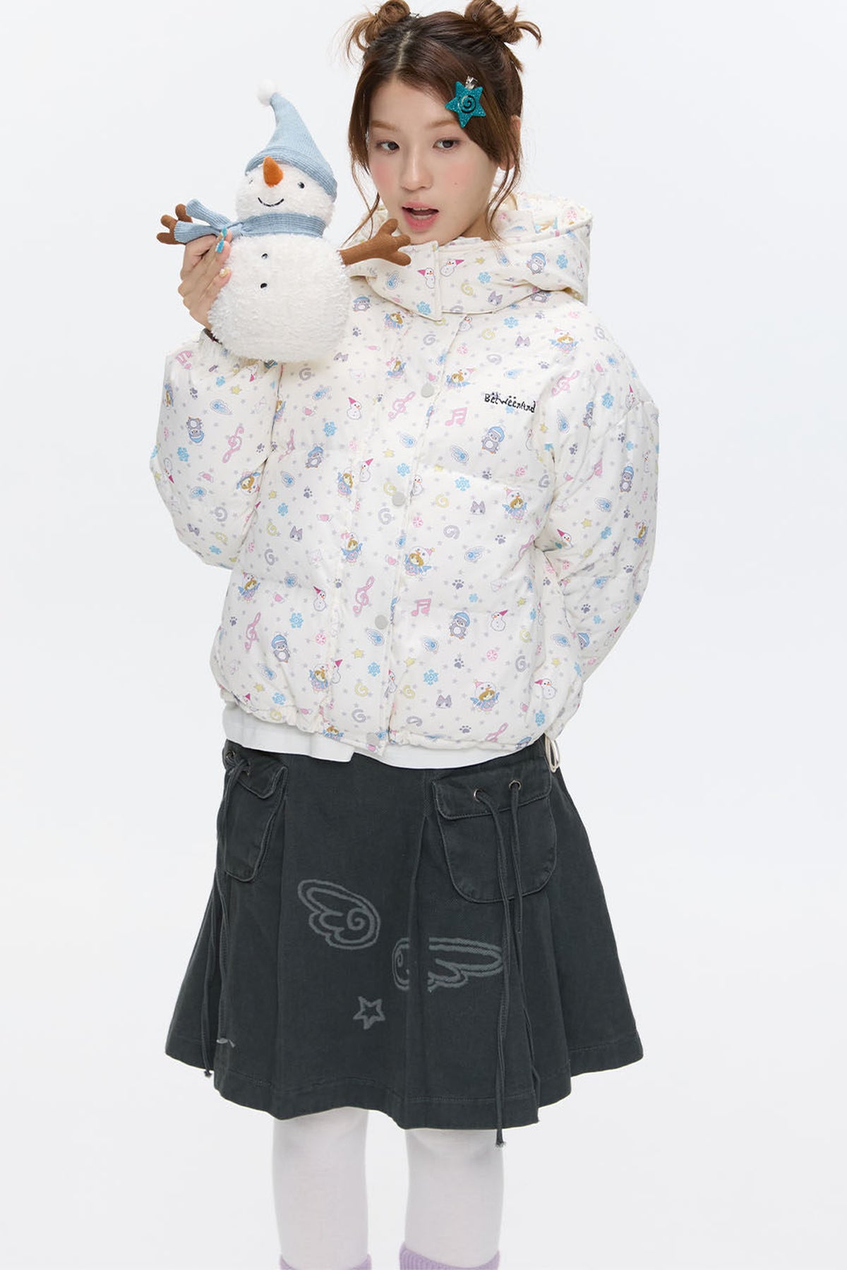 Beige Full Print Hooded Down Jacket