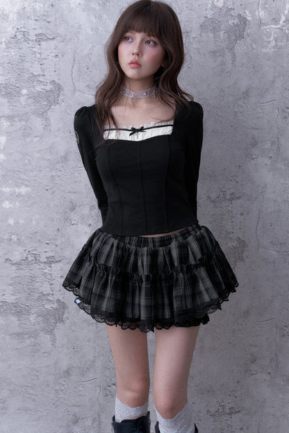 Gray Black Plaid Three-Layer Puffy Skirt