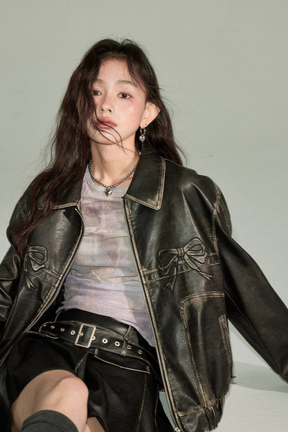 Distressed Bow Leather Jacket