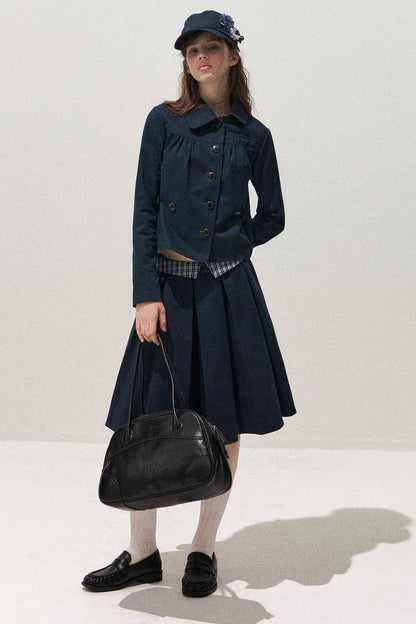 Navy Denim Jacket and Pleated Skirt Set-Up