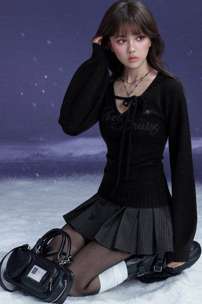 Schwarz-violetter Pullover mit V-Ausschnitt und Bindeband