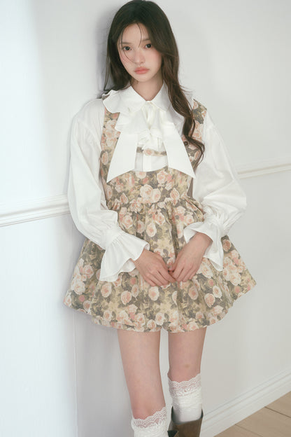 Floral Jacquard Vest Dress and White Ruffled Shirt Set-Up