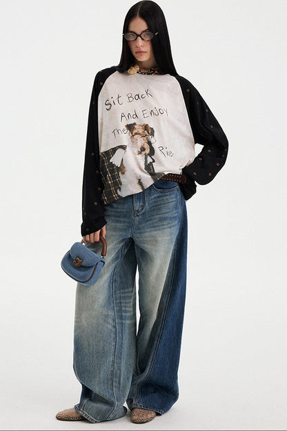 Puppy Print Colorblock Raglan Long Sleeve T-Shirt