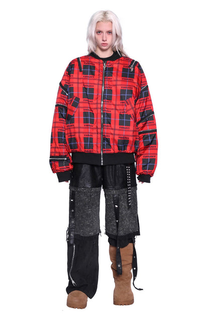 Flame Red Quilted Zipper Structure Patchwork Jacket