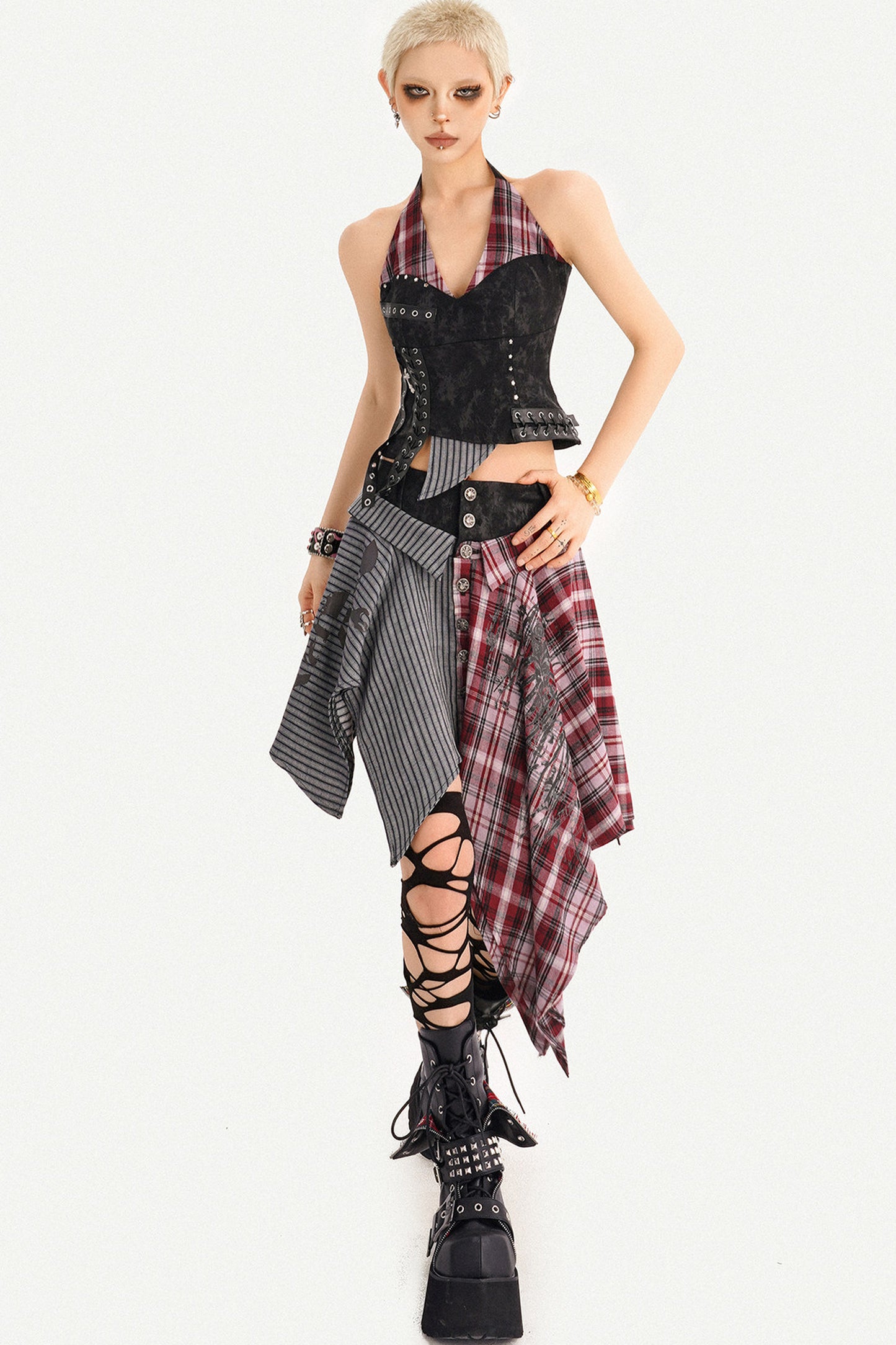Irregular Plaid Patchwork Skirt