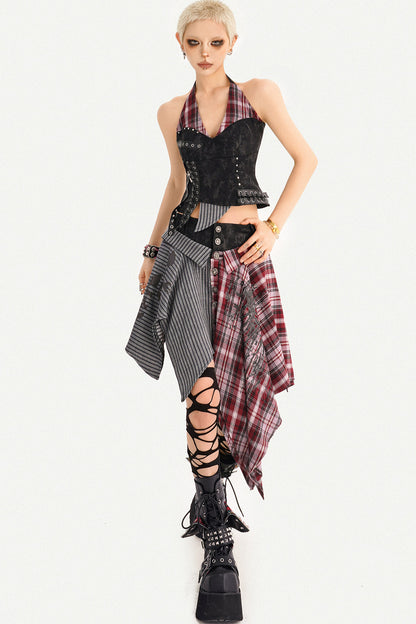 Irregular Plaid Patchwork Skirt
