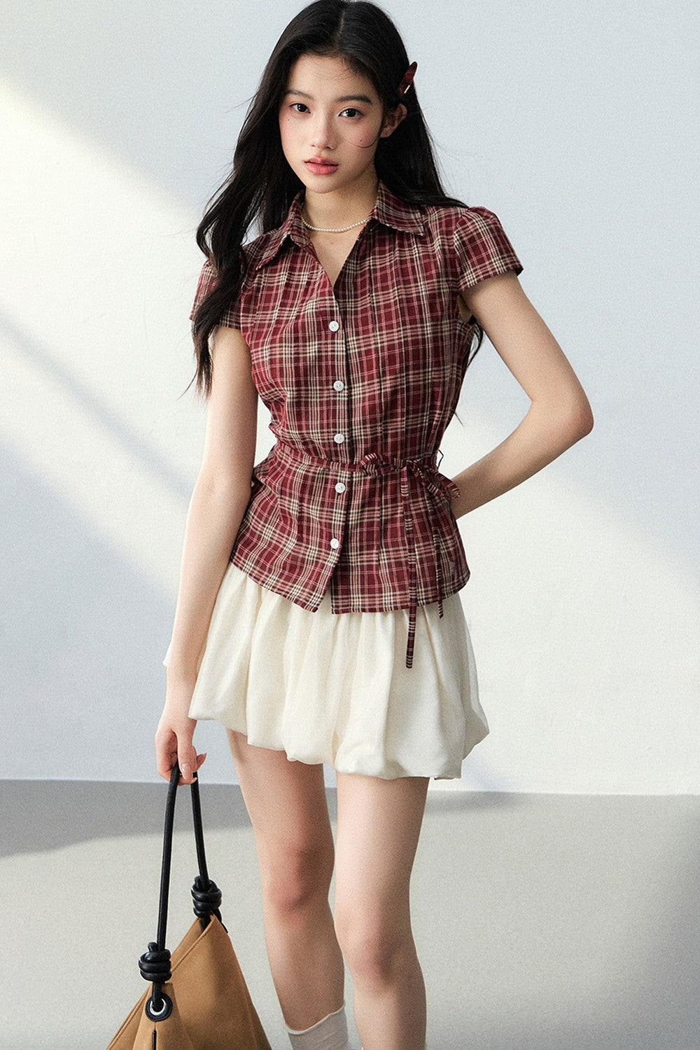 V-Neck Plaid Polka Dot Short Sleeve Shirt Set-Up