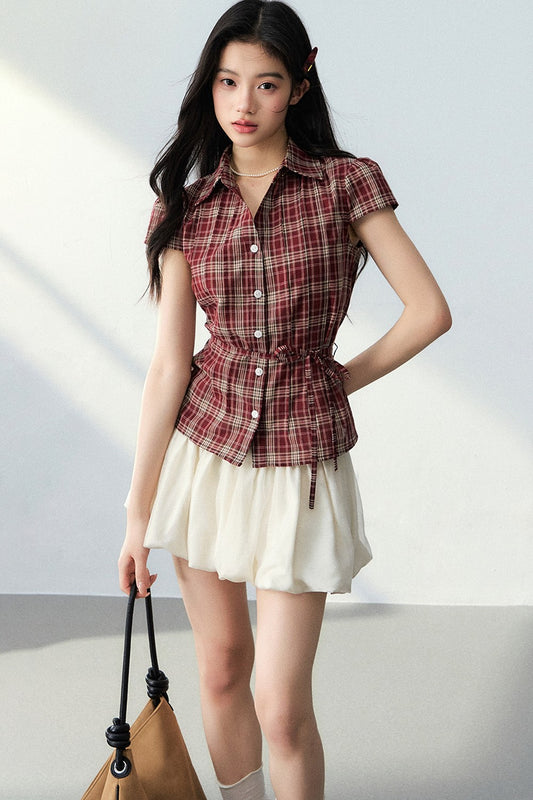 V-Neck Plaid Polka Dot Short Sleeve Shirt Set-Up
