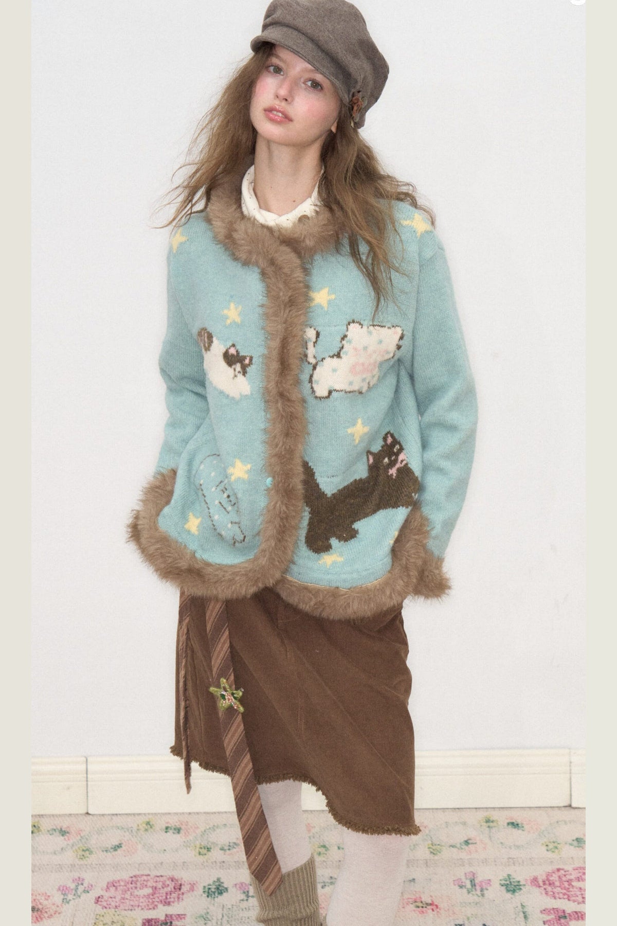Cardigan à col en fausse fourrure avec motif de chat amusant