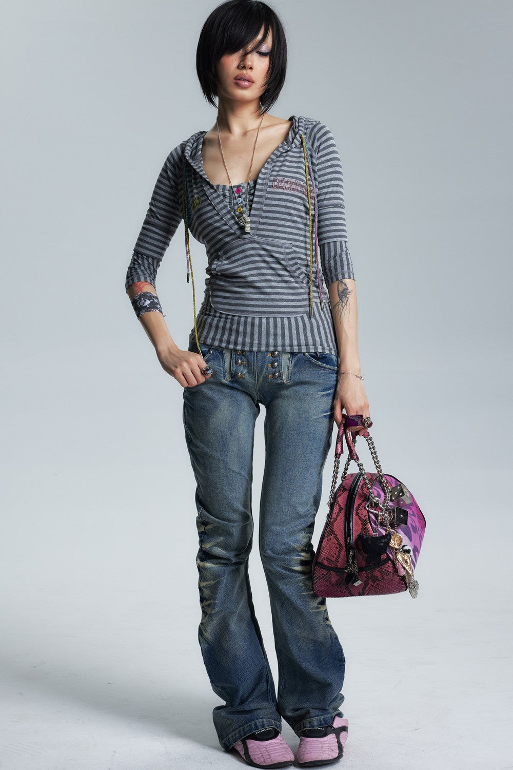 Divine Asymmetrical Frayed Striped Mid-Sleeve T-Shirt