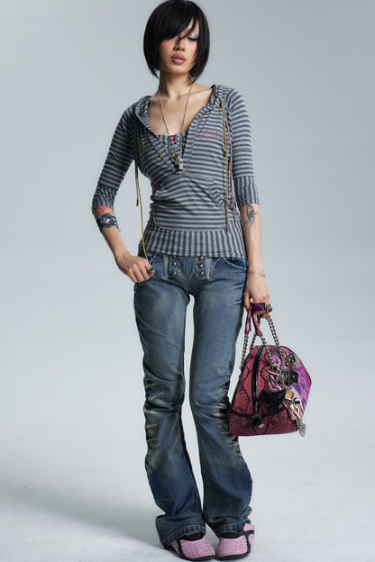 Divine Asymmetrical Frayed Striped Mid-Sleeve T-Shirt