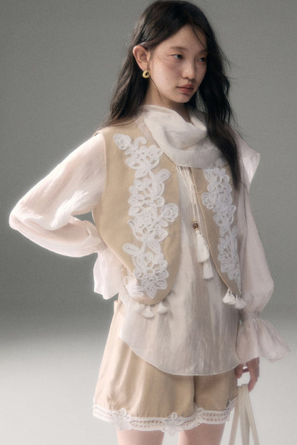 Three-Dimensional Rope Embroidery Floral Tencel Vest and Shorts Set-Up