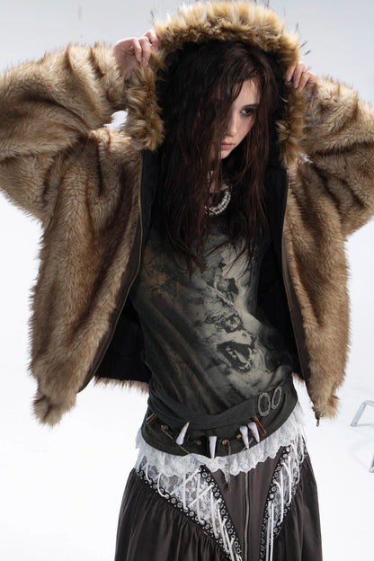 Reversible Hooded Faux Fur Coat