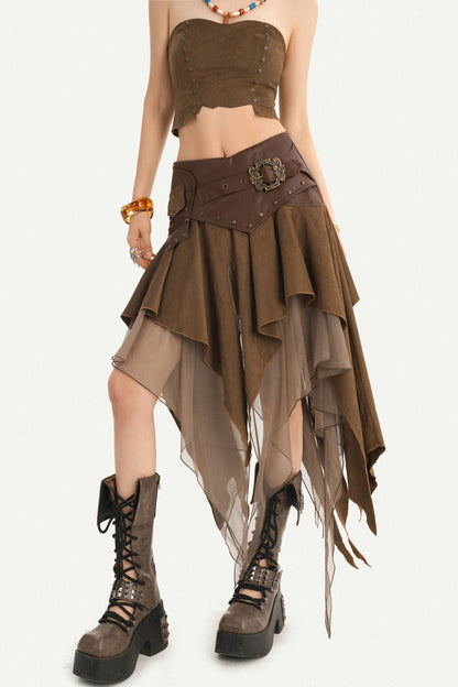 Patchwork Faux Suede Skirt and Top Set-Up