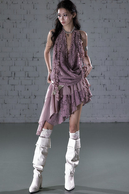 Abito halter con ruches in pizzo