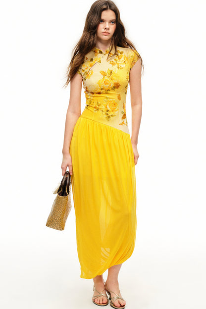Yellow Rose Print Mesh Qipao Long Dress