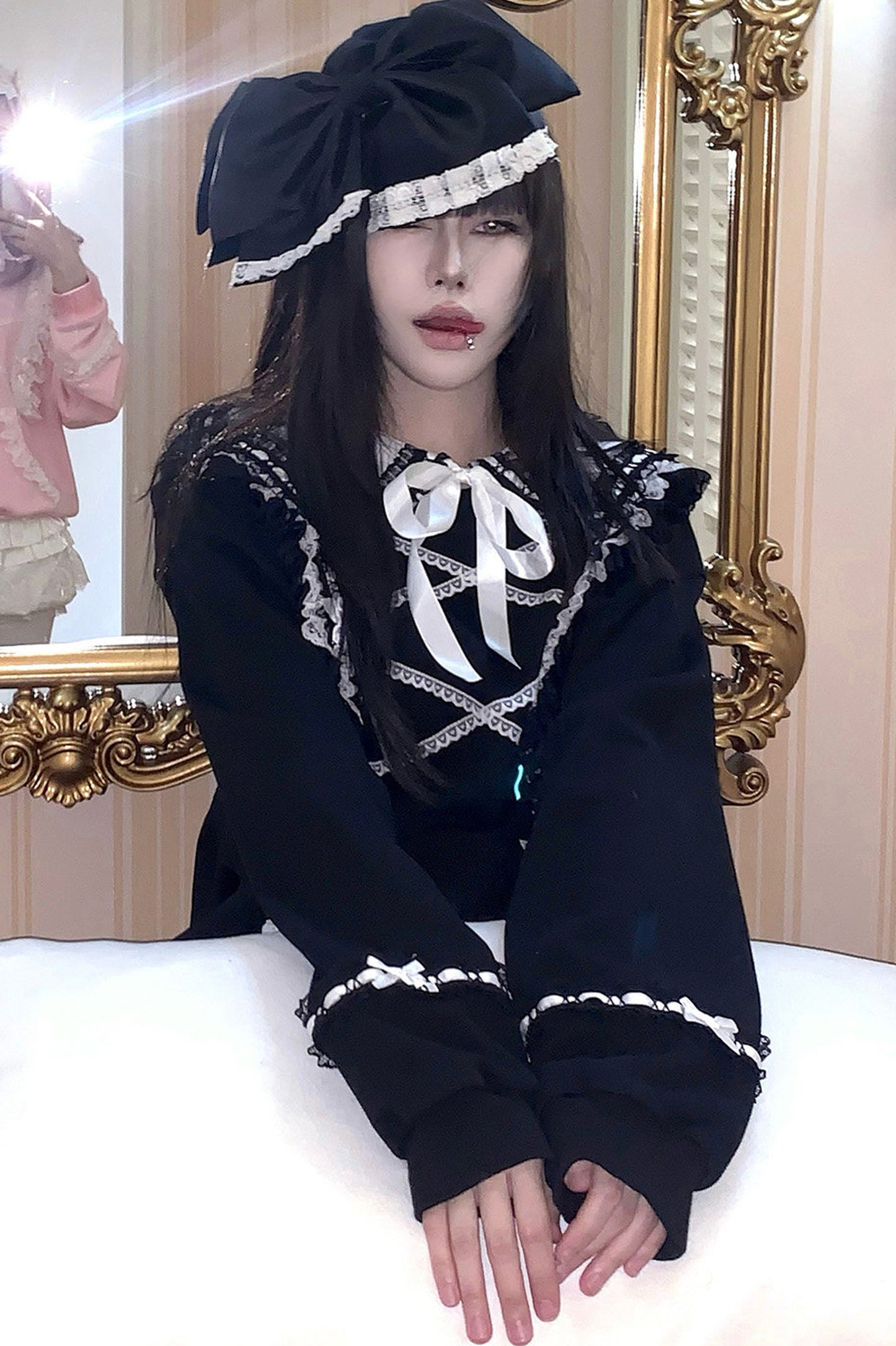 Bow Lace Trim Detachable Collar Sweatshirt and Leggings Set-Up