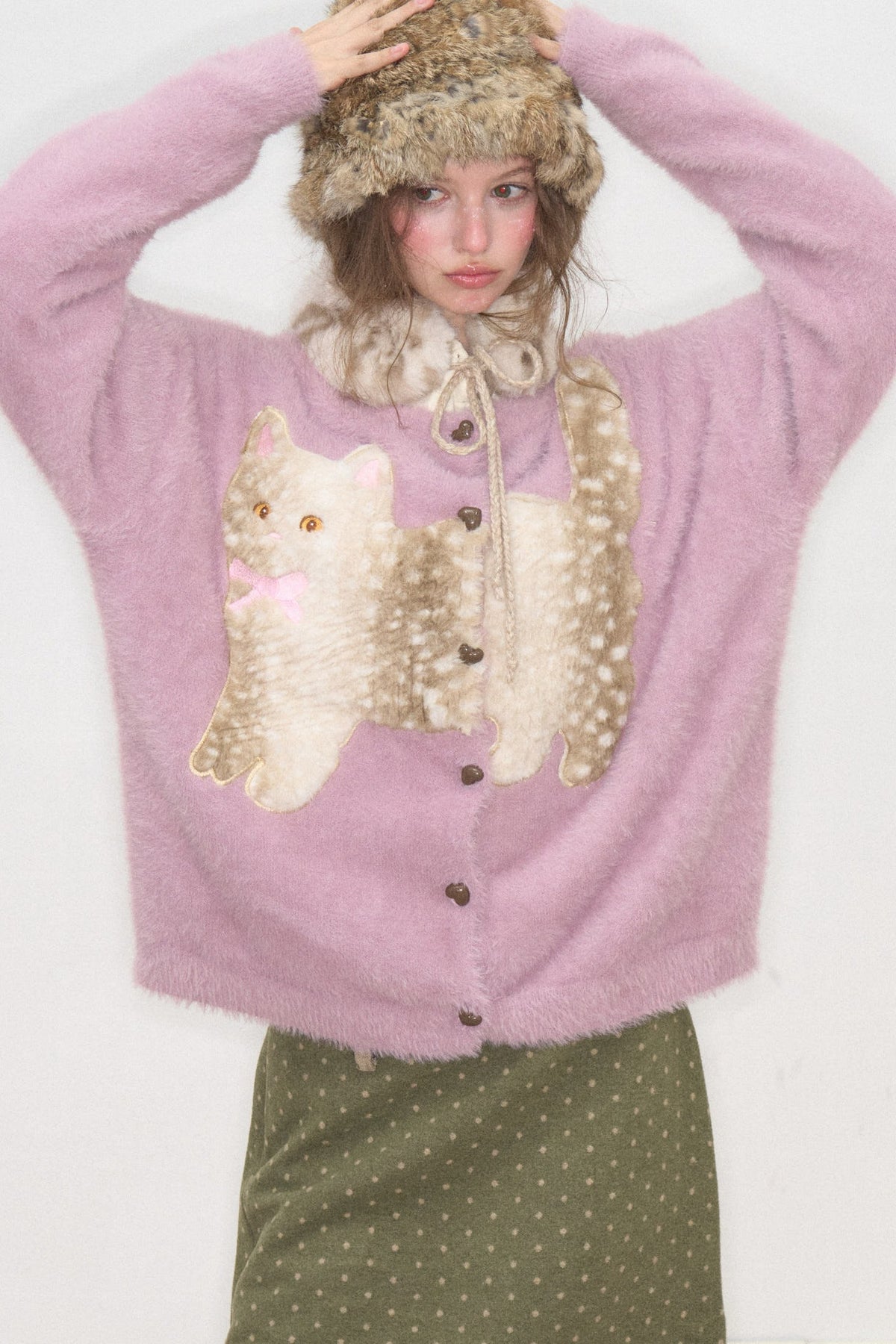 Purple Cat Patch Embroidery Cardigan