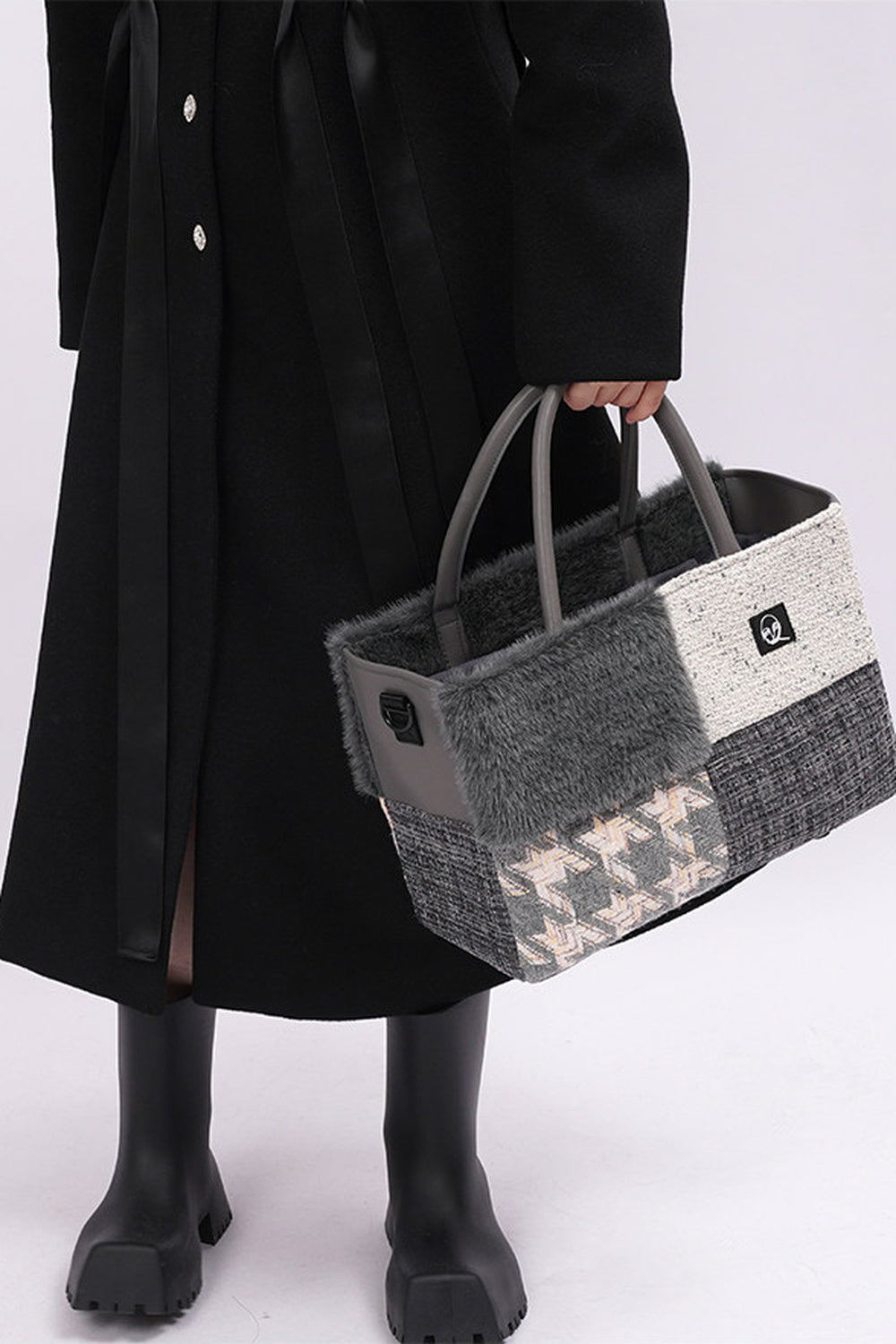 Furry Color-Block Tote Bag