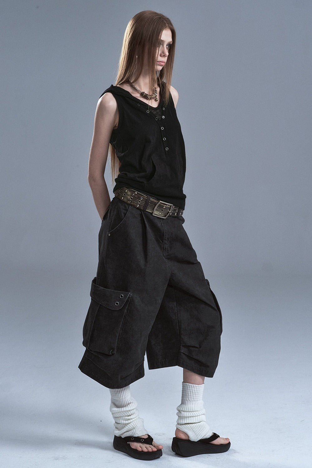 Hooded Patchwork Kangaroo Pocket Sleeveless Tank
